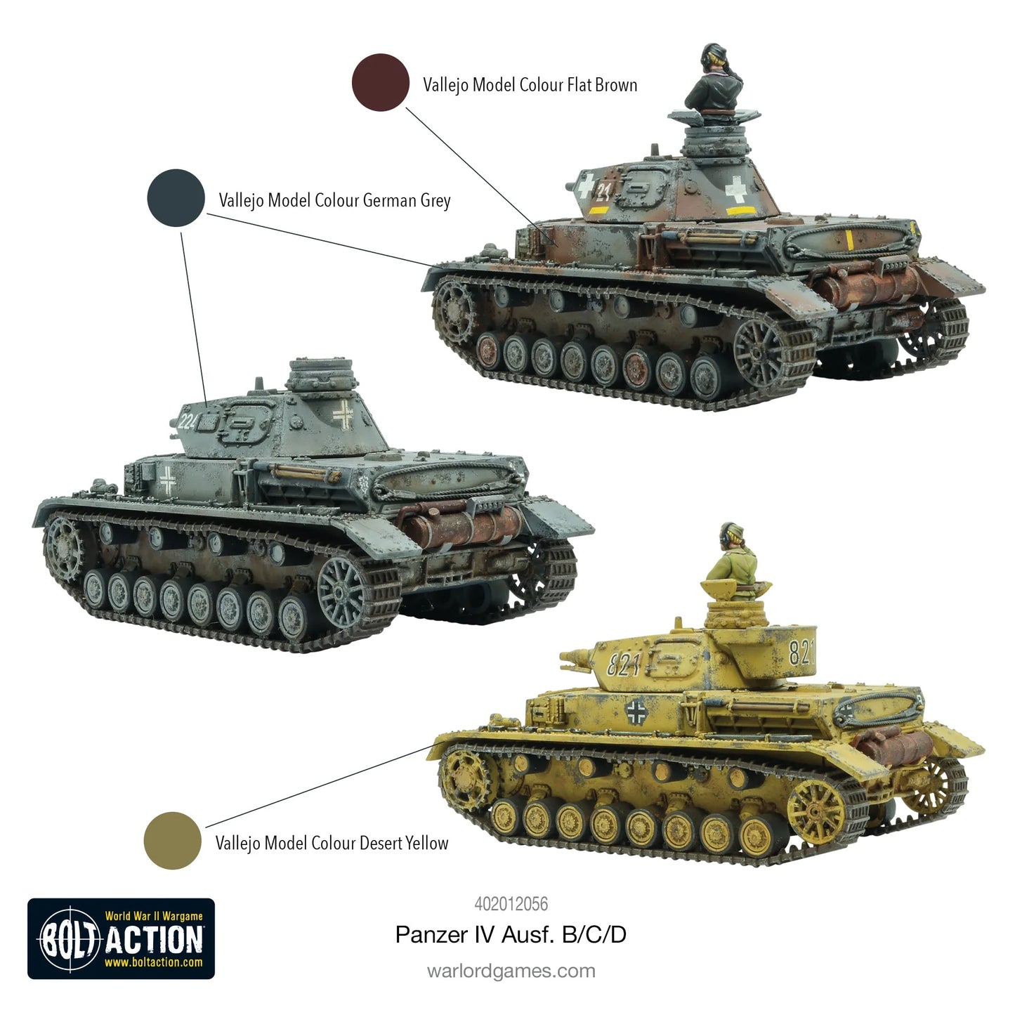  Panzer IV Ausf B C D - Bolt Action 1/56 28mm - przewodnik malowania Vallejo Model Colour German Grey Flat Brown Desert Yellow - schemat kolorów trzech wariantów - Warlord Games
