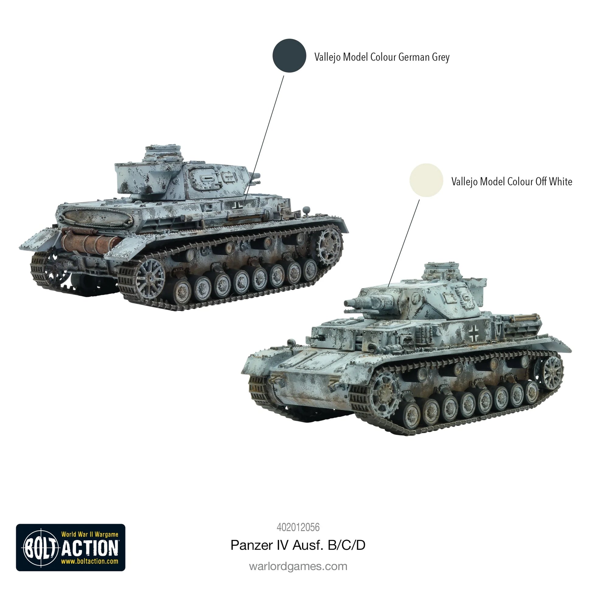 Panzer IV Ausf B C D - Bolt Action 1/56 28mm - przewodnik malowania Vallejo Model Colour German Grey Off White - zimowy kamuflaż Rosja 1941 - schemat kolorów - Warlord Games