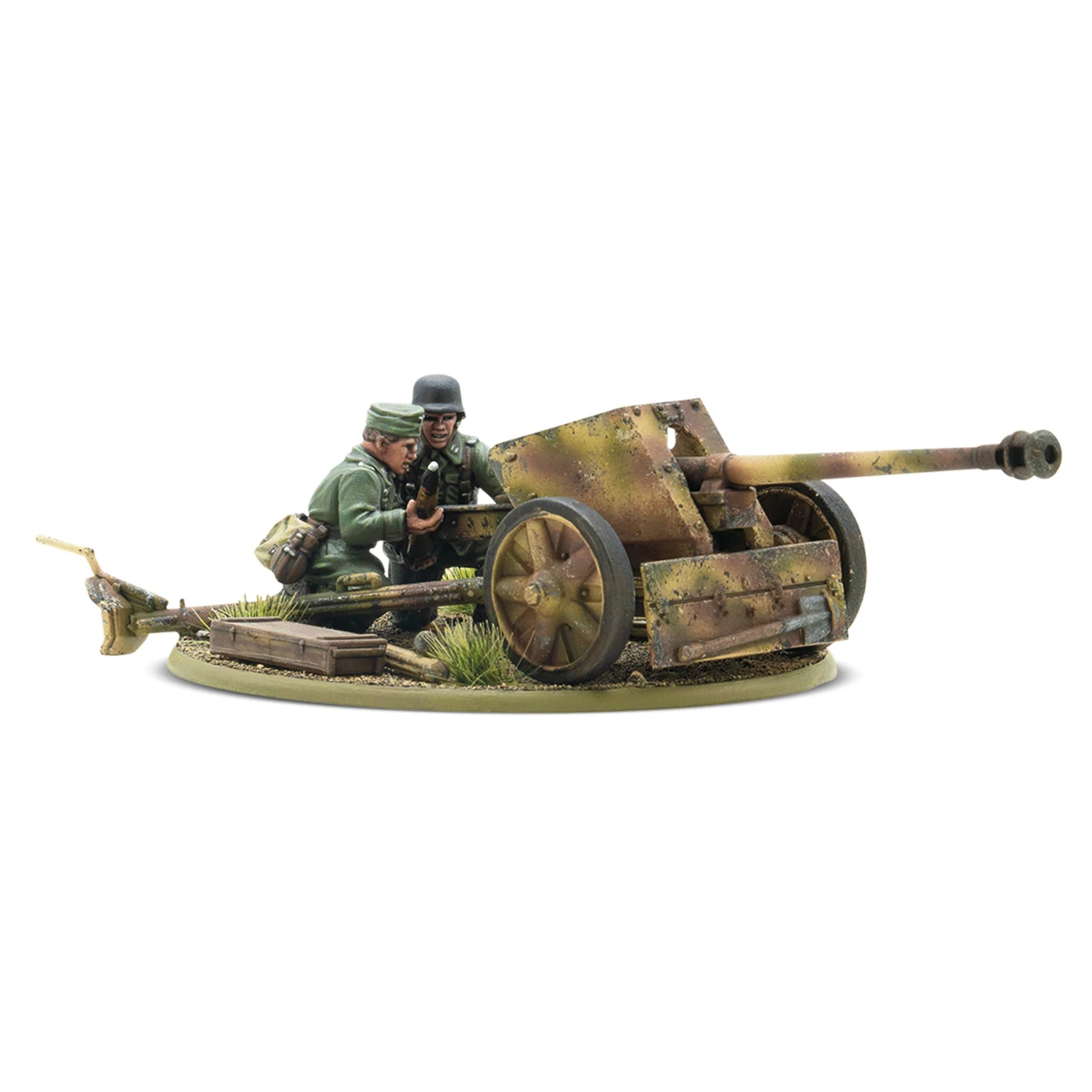 Warlord Games German PaK 40 – zbliżenie armaty z obsługą dwóch żołnierzy, widok z przodu 28mm Bolt Action