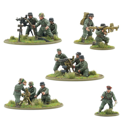 Warlord Games German Heer Heavy Weapons Platoon – MG42 na trójnogu, Panzerschreck, moździez 8cm i dowódca, widok z przodu 28mm Bolt Action