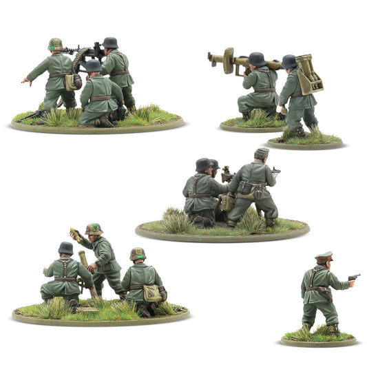Warlord Games German Heer Heavy Weapons Platoon – MG42 na trójnogu, Panzerschreck, moździez 8cm i dowódca, widok z tyłu 28mm Bolt Action