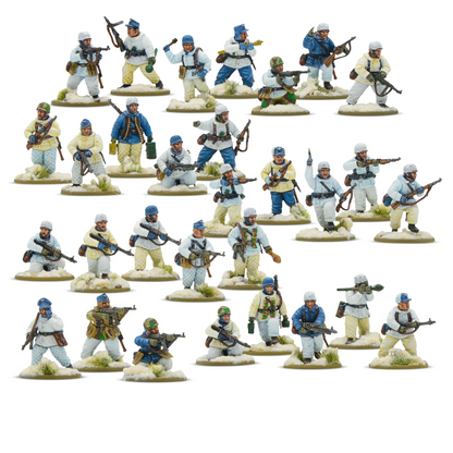 Fallschirmjäger Winter - Bolt Action 28mm - kompletny pluton 30 figurek spadochroniarzy w zimowych mundurach białych niebieskich żółtych - widok z przodu - Warlord Games
