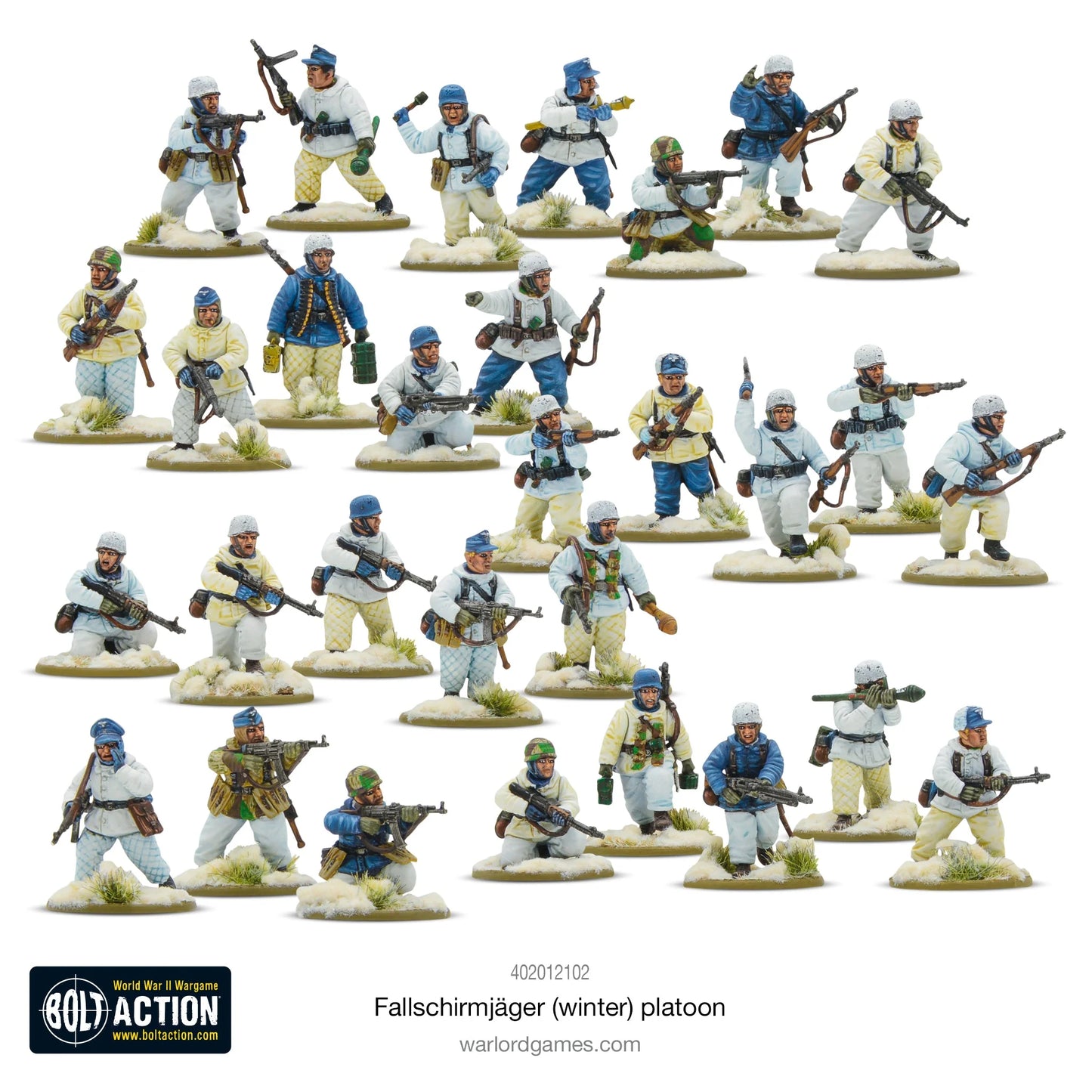Fallschirmjäger Winter - Bolt Action 28mm - kompletny pluton 30 figurek spadochroniarzy w zimowych mundurach białych niebieskich żółtych - widok z przodu - Warlord Games
