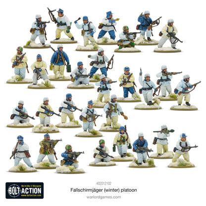 Fallschirmjäger Winter - Bolt Action 28mm - kompletny pluton 30 figurek spadochroniarzy w zimowych mundurach białych niebieskich żółtych - widok z przodu - Warlord Games