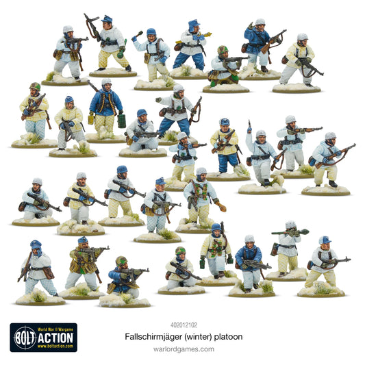 Fallschirmjäger Winter - Bolt Action 28mm - kompletny pluton 30 figurek spadochroniarzy w zimowych mundurach białych niebieskich żółtych - widok z przodu - Warlord Games