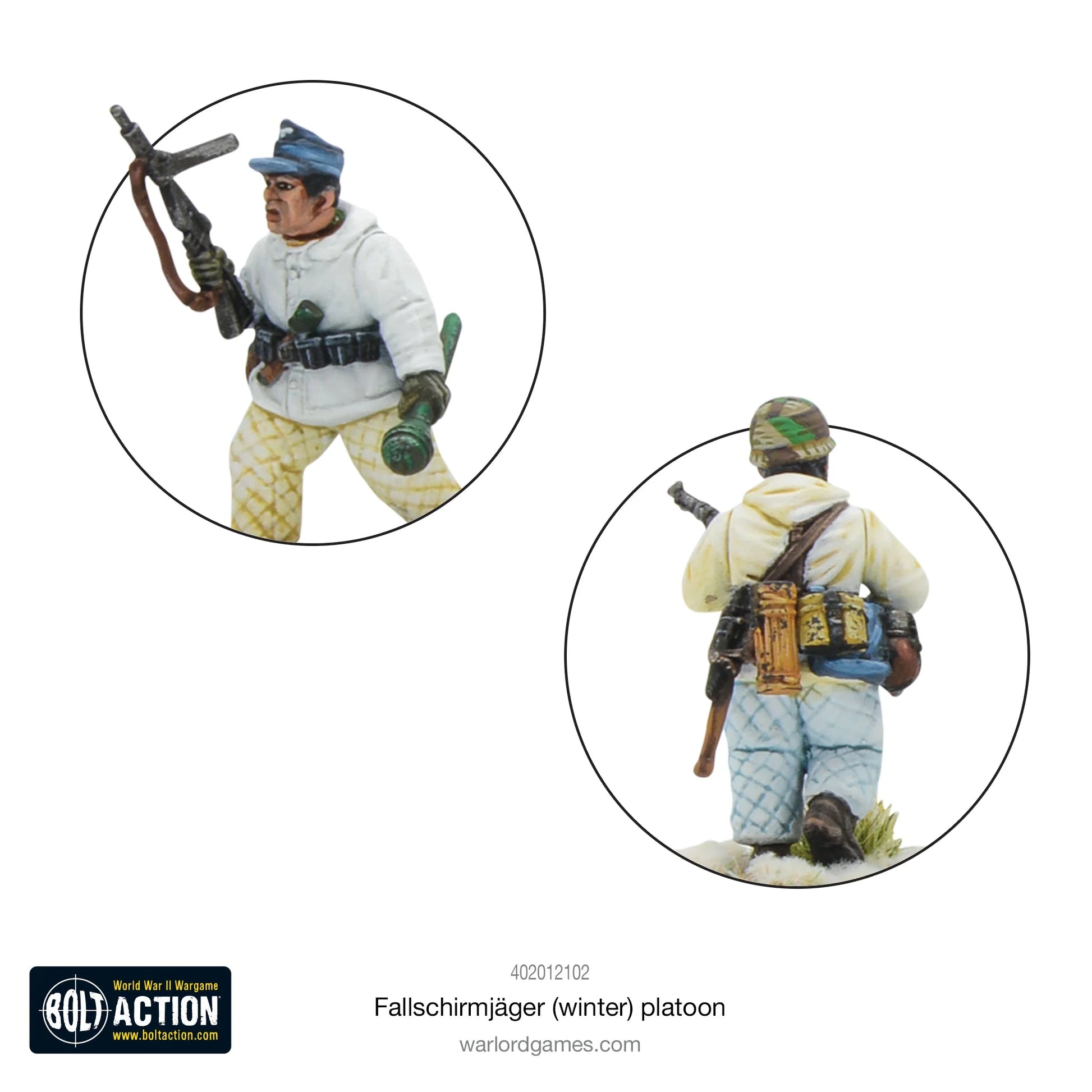 Fallschirmjäger Winter - Bolt Action 28mm - detale figurek z FG42 i wyposażeniem spadochroniarzy - widok z przodu i tyłu - Warlord Games