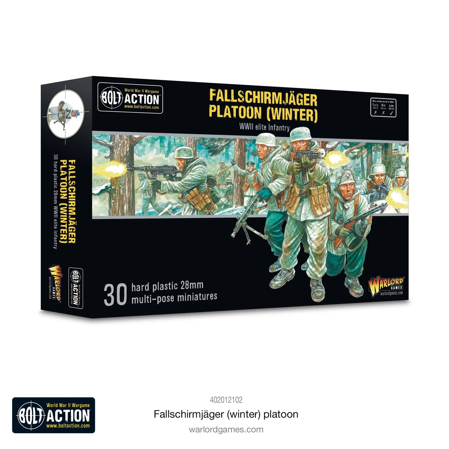 Fallschirmjäger Winter - Bolt Action 28mm - opakowanie pudełko z ilustracją walki w zimowym lesie - 30 figurek plastikowych - Warlord Games