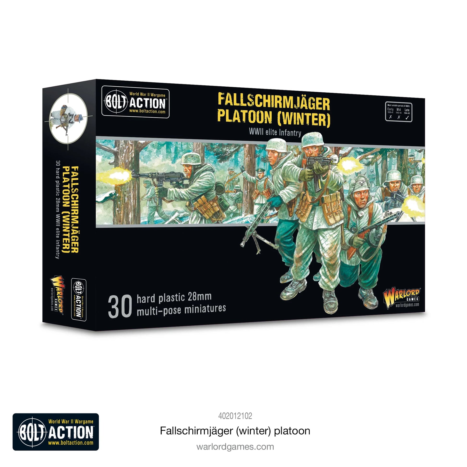 Fallschirmjäger Winter - Bolt Action 28mm - opakowanie pudełko z ilustracją walki w zimowym lesie - 30 figurek plastikowych - Warlord Games