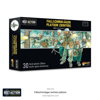 Fallschirmjäger Winter - Bolt Action 28mm - opakowanie pudełko z ilustracją walki w zimowym lesie - 30 figurek plastikowych - Warlord Games