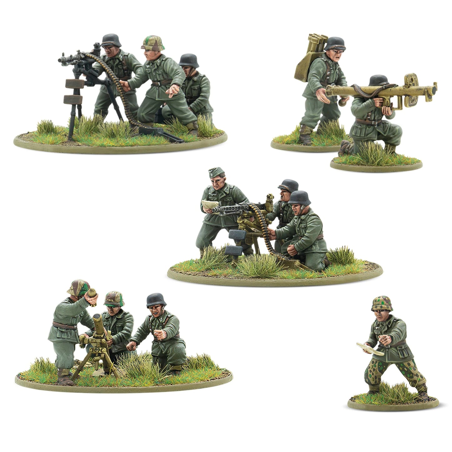 Warlord Games The Reich's Praetorians – pluton broni ciężkiej Waffen-SS, widok z tyłu: MG42, Panzerschreck, moździez 8cm 28mm Bolt Action