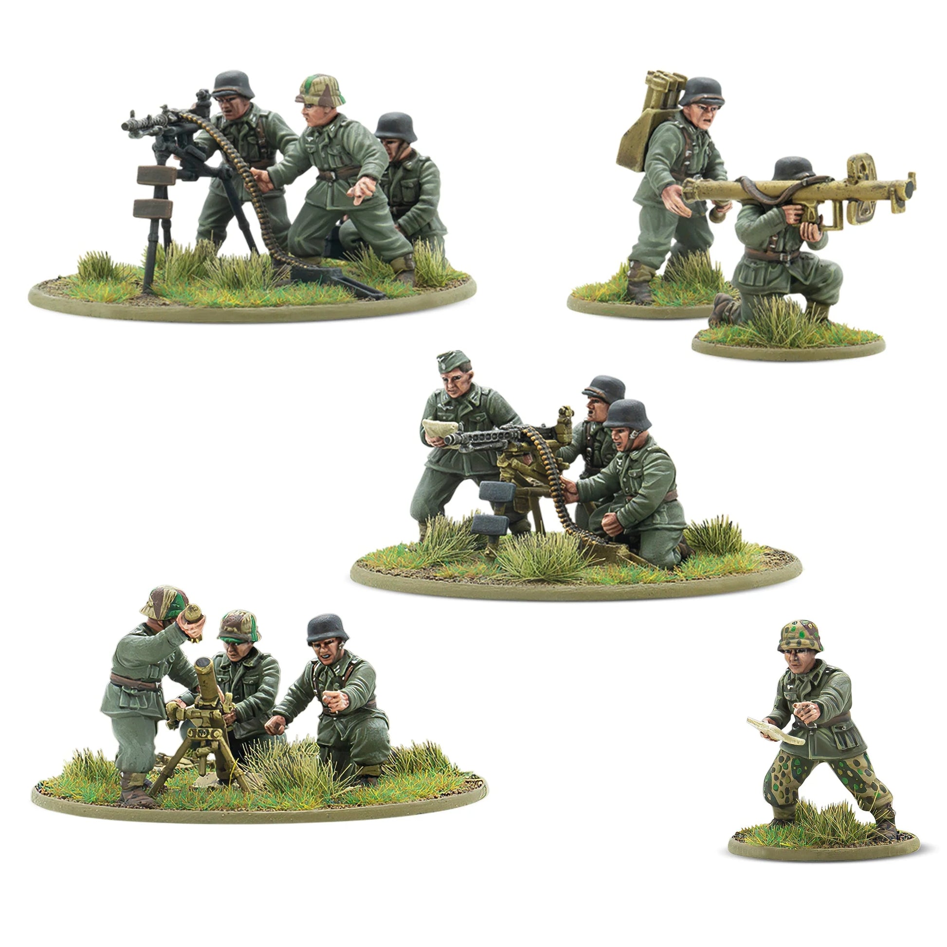 Warlord Games The Reich's Praetorians – pluton broni ciężkiej Waffen-SS, widok z tyłu: MG42, Panzerschreck, moździez 8cm 28mm Bolt Action