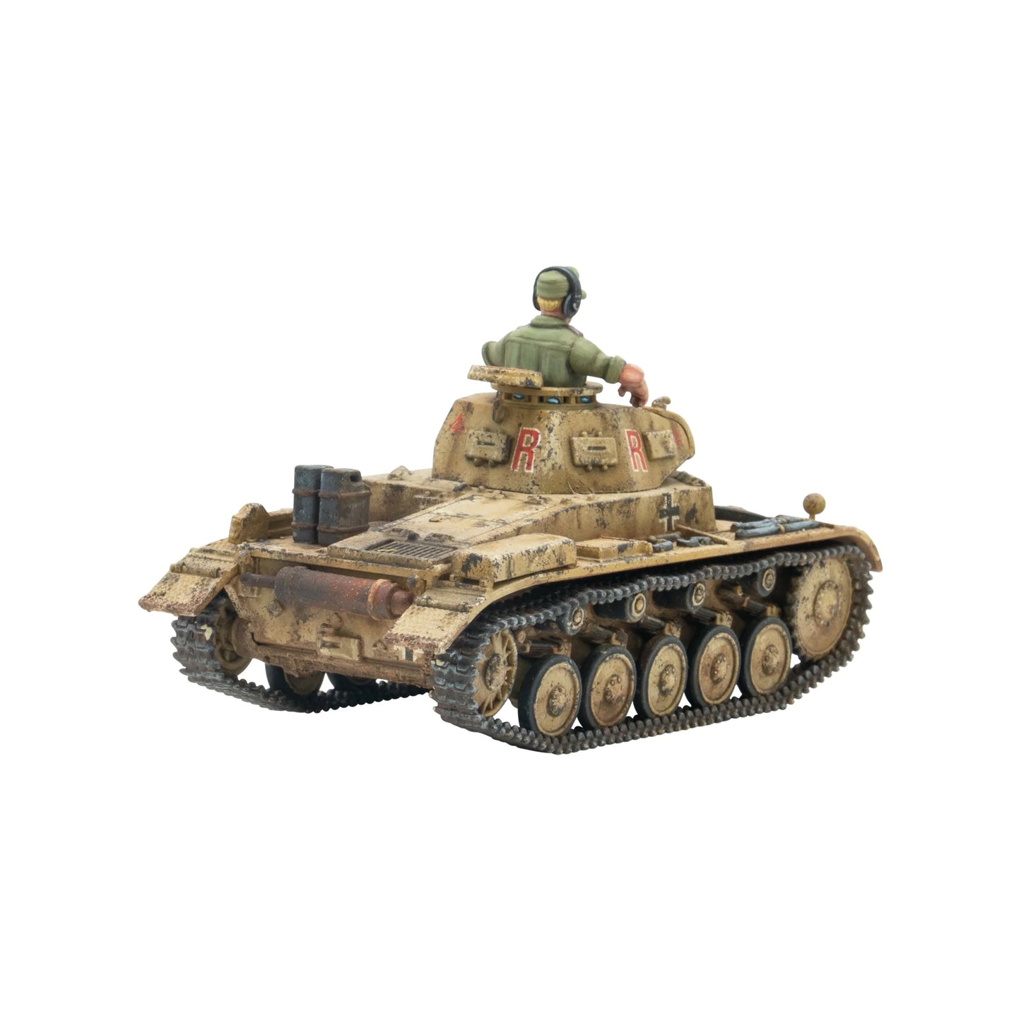 Warlord Games Panzer II – model plastikowy czołgu Panzer II w pustynnym kamuflażu DAK, widok z tyłu-prawej: tylne płyty pancerne i gąsienice 28mm Bolt Action