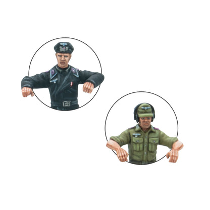 Warlord Games Panzer II – zbliżenie figurek dowódców: oficer Panzerwaffe w czarnym mundurze z czapką i oficer DAK w zielonym mundurze z hełmem i słuchawkami, detale malowania 28mm Bolt Action