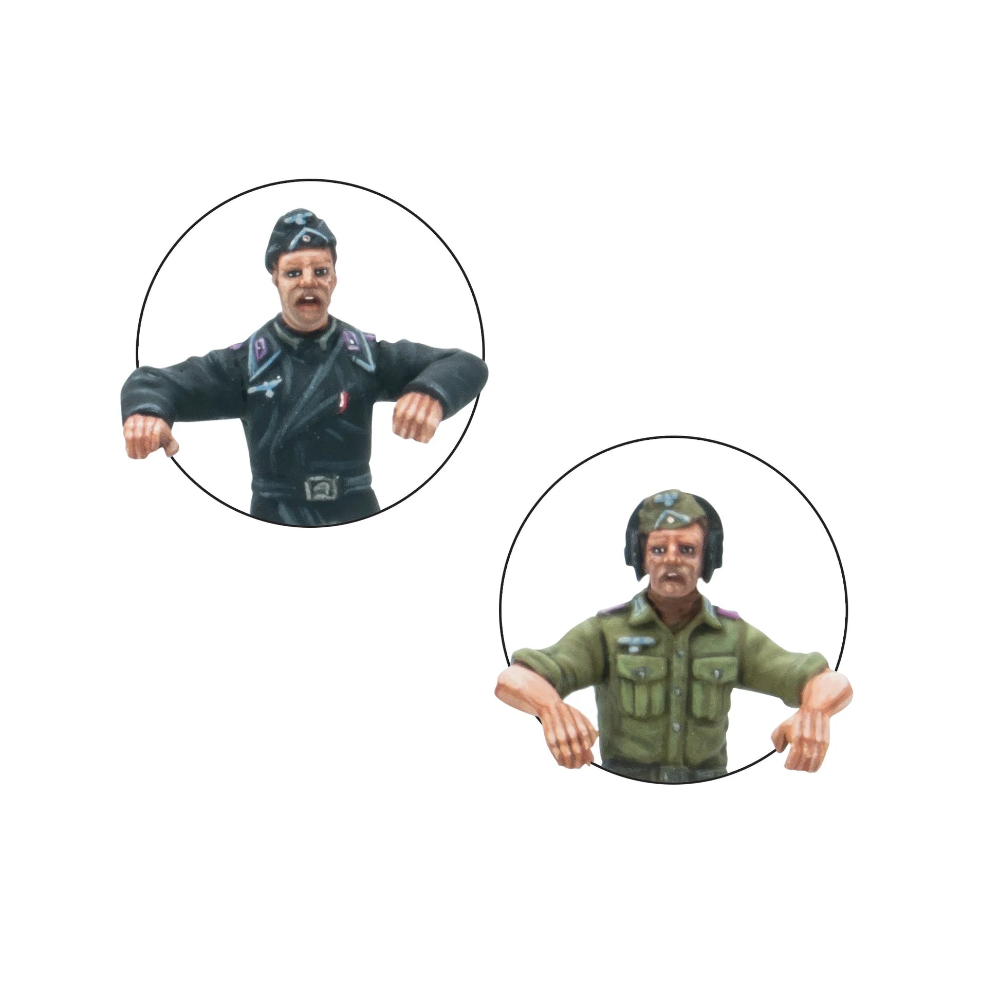 Warlord Games Panzer II – zbliżenie figurek dowódców pod innym kątem: oficer w czarnym mundurze z czapką polową i oficer DAK w zielonym mundurze z hełmem, detale malowania 28mm Bolt Action