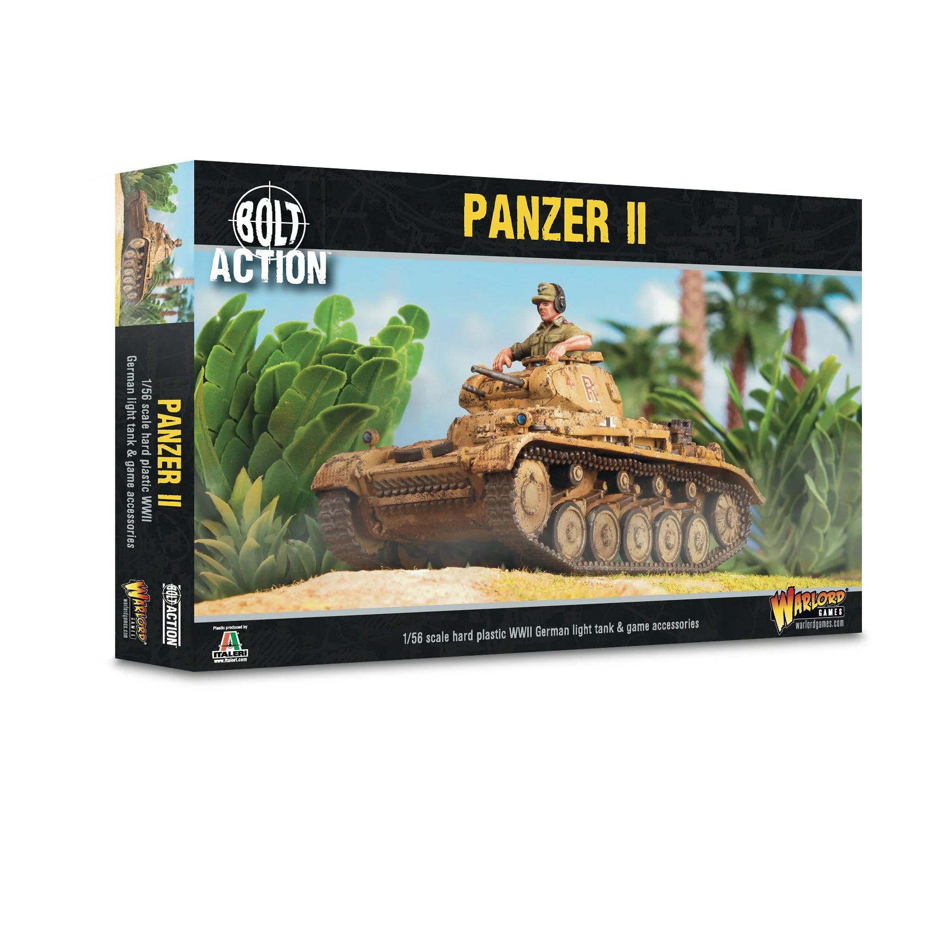 Warlord Games Panzer II – pudełko Bolt Action 1/56 scale hard plastic WWII German light tank z ilustracją czołgu DAK w pustynnym kamuflażu z palmami w tle