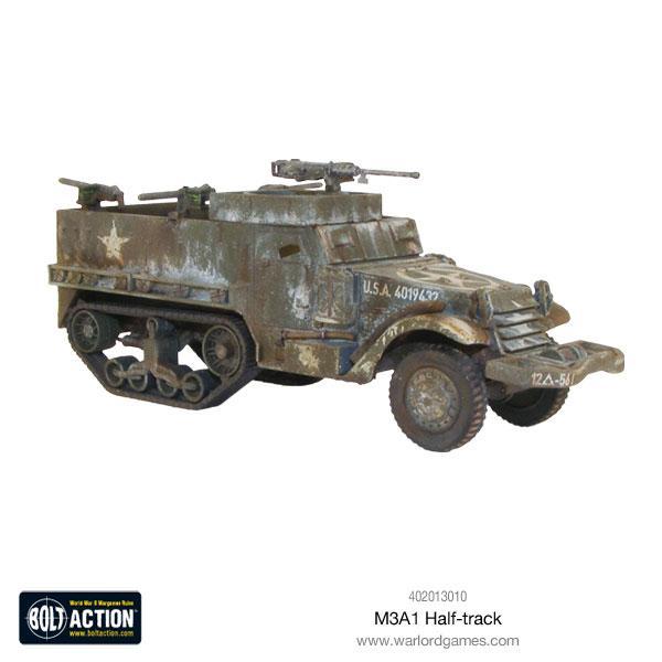 M3A1 Halftrack transporter opancerzony - widok z boku z numerem taktycznym USA, detale gąsienic i kół, skala 28mm
