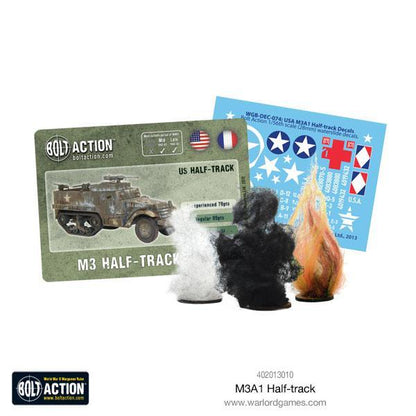 M3A1 Halftrack zestaw Bolt Action - zawartość pudełka z kartą statystyk, kalkomanami USA i Francja, znacznikami dymu i ognia
