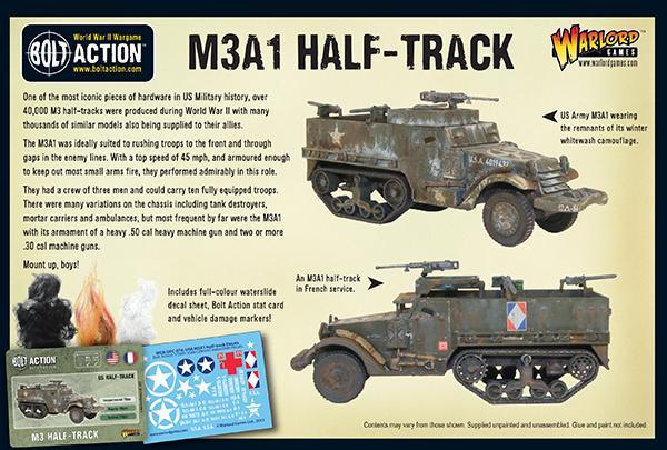 M3A1 Halftrack opakowanie tył - opis produktu Bolt Action, zawartość zestawu, kalkomanie, karta statystyk pojazdu
