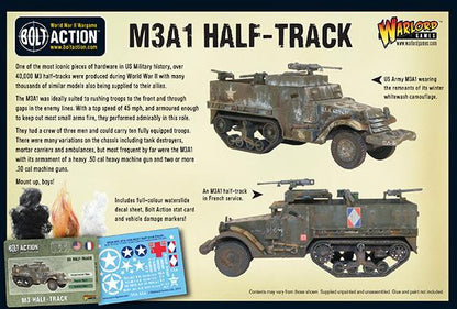 M3A1 Halftrack opakowanie tył - opis produktu Bolt Action, zawartość zestawu, kalkomanie, karta statystyk pojazdu
