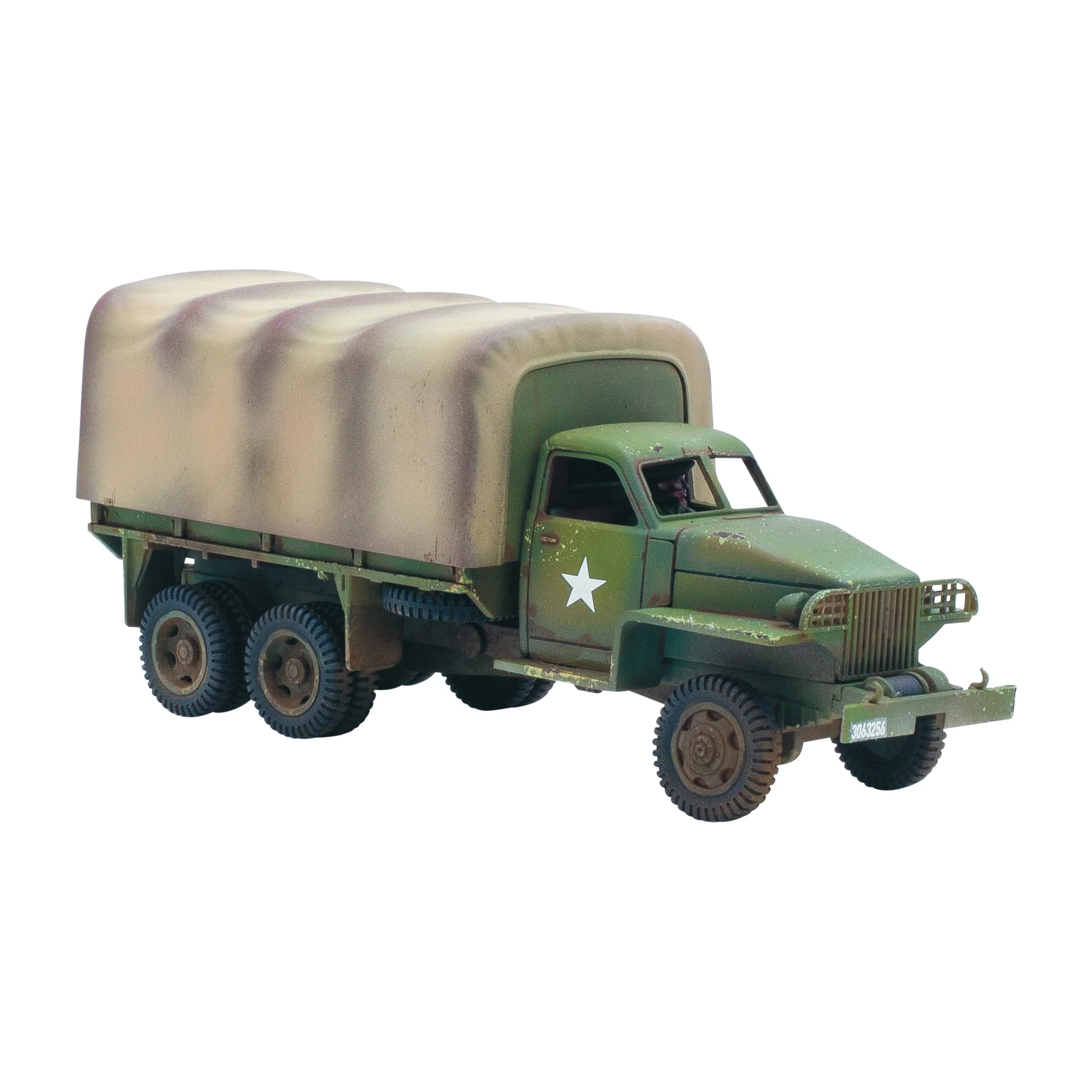 Studebaker US6 ciężarówka transportowa - widok z boku z plandeką, detale kół i podwozia, skala 28mm Bolt Action
