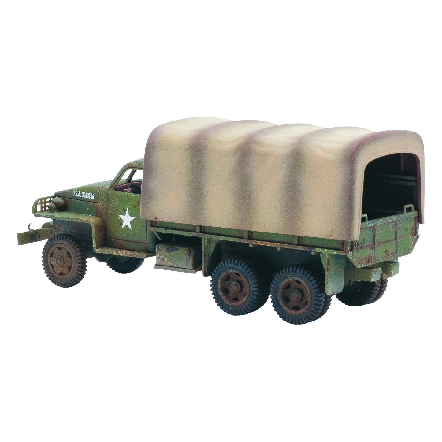 Studebaker US6 Truck 1/56 - widok z tyłu z otwartą plandeką, gwiazda USA, detale zawieszenia i kół, weathering

