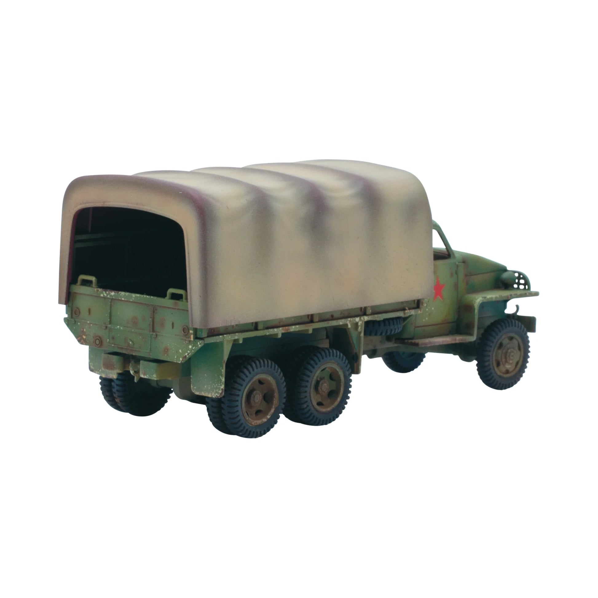 Studebaker US6 Truck ZSRR - widok z tyłu z otwartą plandeką, czerwona gwiazda sowiecka, detale wnętrza skrzyni ładunkowej
