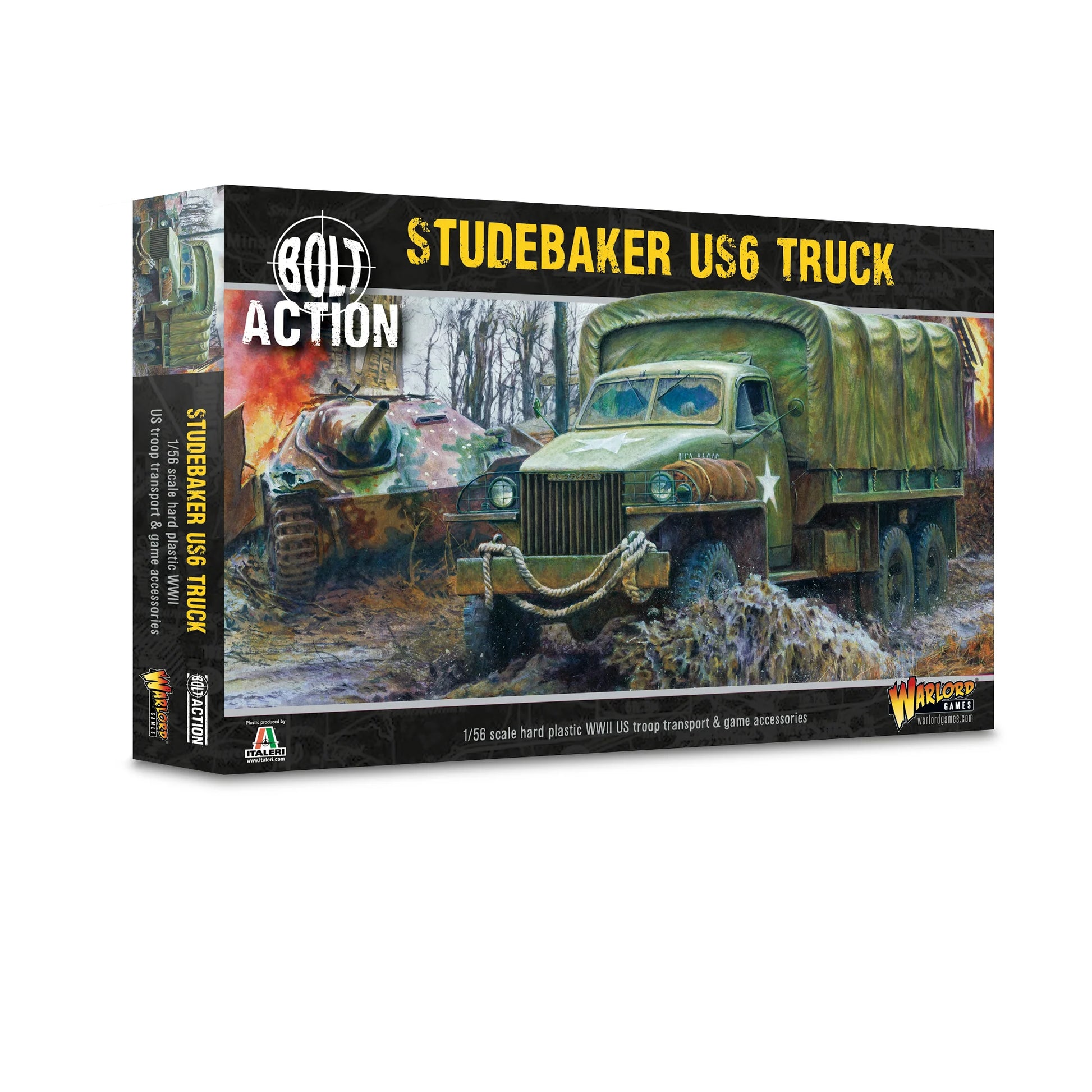 Studebaker US6 Truck Bolt Action - opakowanie zestawu Warlord Games z ciężarówką transportową 1/56 WWII USA
