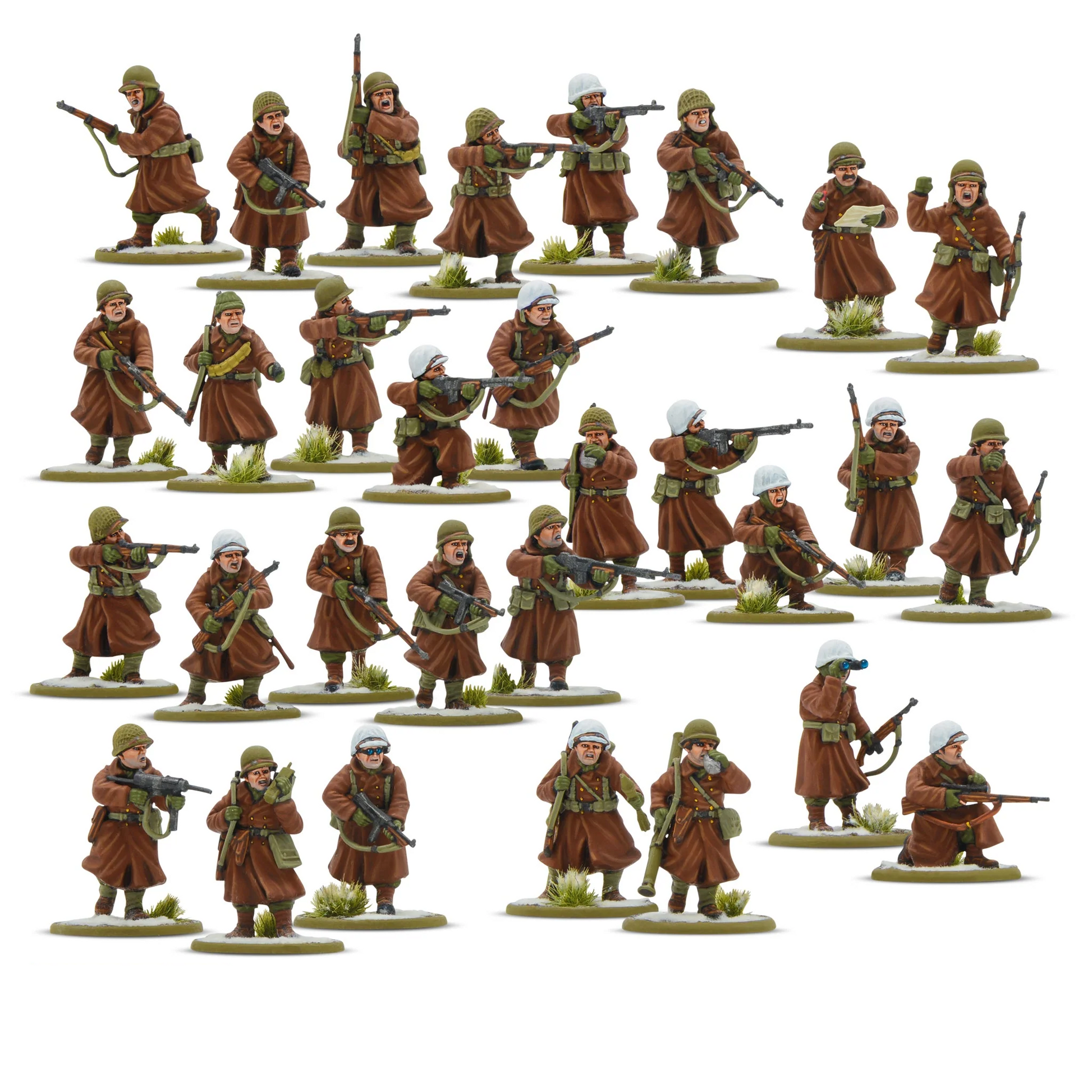 US Army Infantry Winter Platoon Bolt Action - 30 pomalowanych miniatur 28mm amerykańskich żołnierzy w brązowych zimowych płaszczach greatcoats i hełmach M1 z białymi pokrowcami zimowymi, różne pozy bojowe: strzelcy stojący i klęczący z M1 Garand, Thompson i Grease Gun, oficer z mapą, snajper leżący, na zielono-białych podstawkach z trawą i śniegiem, logo Bolt Action, kod 402013051