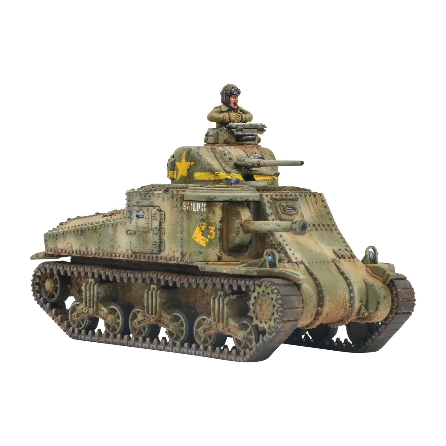 Warlord Games M3 Lee Medium Tank 402013052 – widok z prawego boku pomalowanego czołgu z oznaczeniem armii amerykańskiej i czołgistą we włazie wieży, Bolt Action
