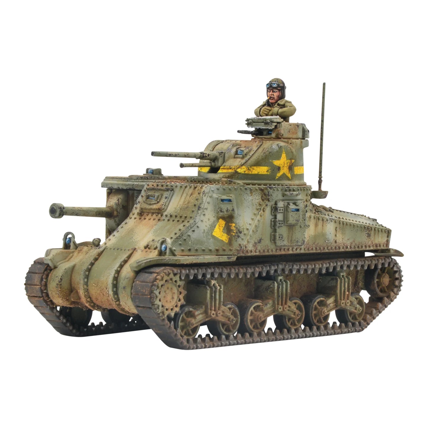 Warlord Games M3 Lee Medium Tank 402013052 – widok z lewego boku pomalowanego czołgu z oznaczeniem armii amerykańskiej i czołgistą we włazie wieży, Bolt Action
