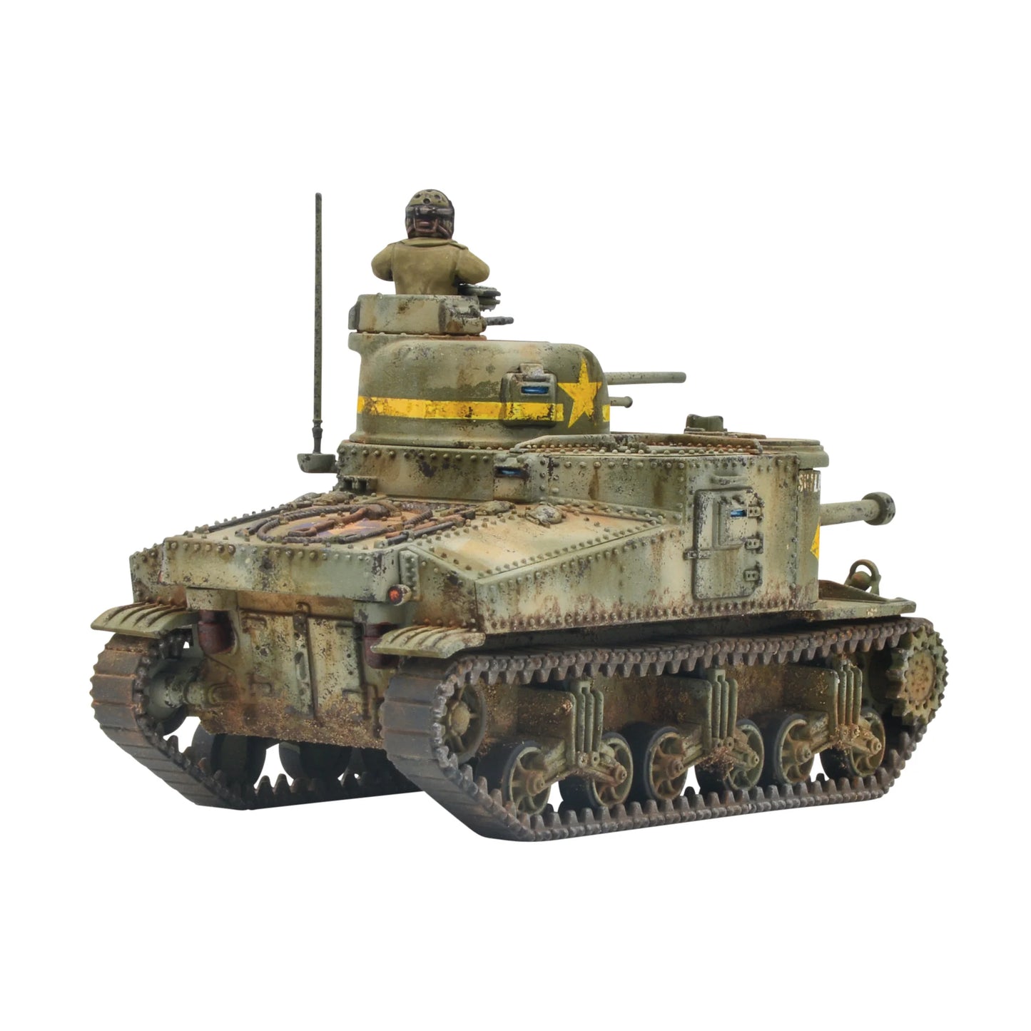 Warlord Games M3 Lee Medium Tank 402013052 – widok z tyłu pomalowanego czołgu z oznaczeniem armii amerykańskiej i czołgistą we włazie wieży, Bolt Action
