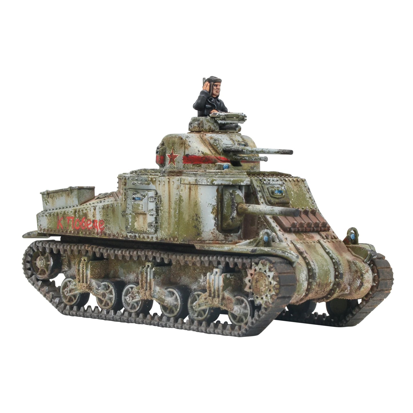 Warlord Games M3 Lee Medium Tank 402013052 – widok z prawego boku pomalowanego czołgu z oznaczeniem armii radzieckiej i czołgistą we włazie wieży, Bolt Action
