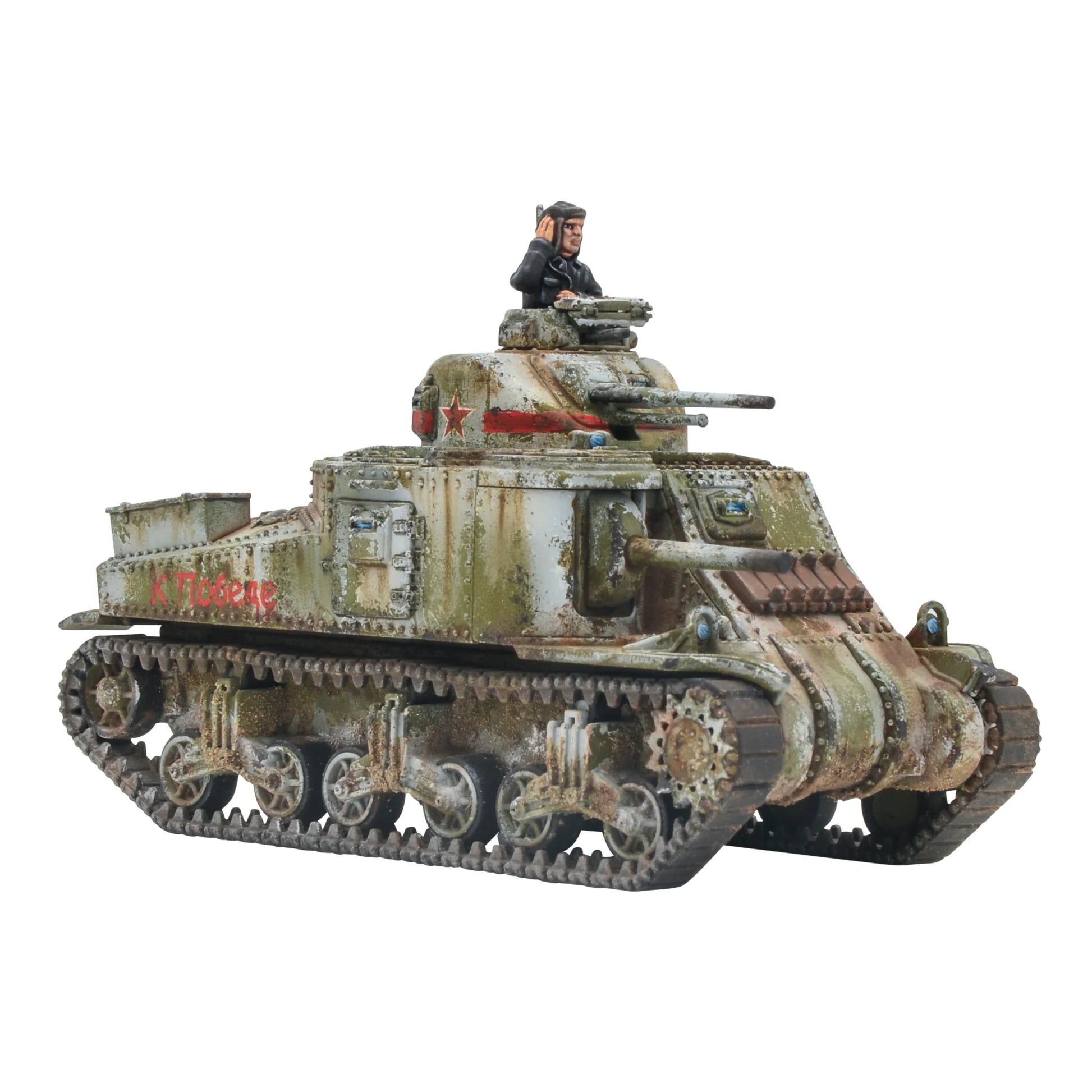 Warlord Games M3 Lee Medium Tank 402013052 – widok z prawego boku pomalowanego czołgu z oznaczeniem armii radzieckiej i czołgistą we włazie wieży, Bolt Action
