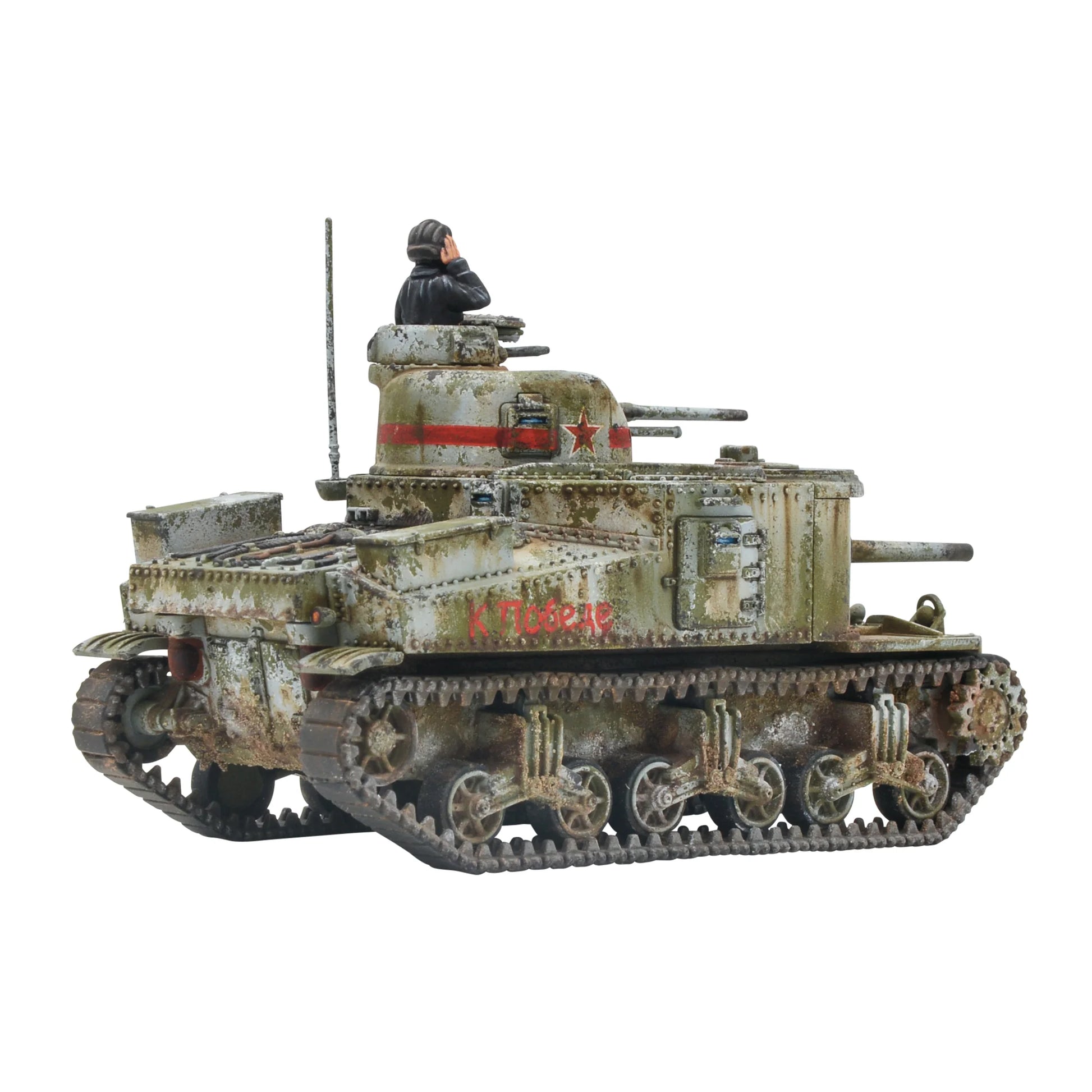 Warlord Games M3 Lee Medium Tank 402013052 – widok z tyłu pomalowanego czołgu z oznaczeniem armii radzieckiej i czołgistą we włazie wieży, Bolt Action
