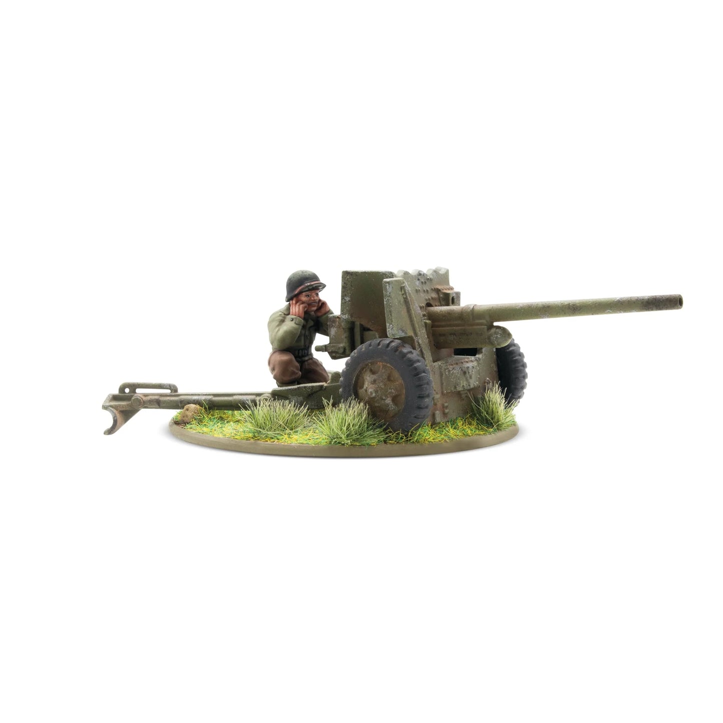 Warlord Games US 57mm Anti-Tank Gun (Plastic) – widok od tyłu: armata 57mm M1 z celowniczym w hełmie M1 klęczącym przy mechanizmie celowniczym, detale mechanizmu odrzutu i drążków holowniczych, podstawka owalna 60mm, Bolt Action 28mm