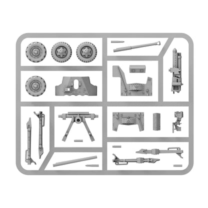 Warlord Games US 57mm Anti-Tank Gun (Plastic) – wypraska armaty plastikowej 28mm: 4 koła terenowe, tarcza ochronna (2 części), lufa 57mm M1, mechanizm odrzutu, drążki holownicze standardowe i zawiasowe (airborne), podstawa armaty, mechanizm celowniczy i akcesoria Bolt Action 1/56