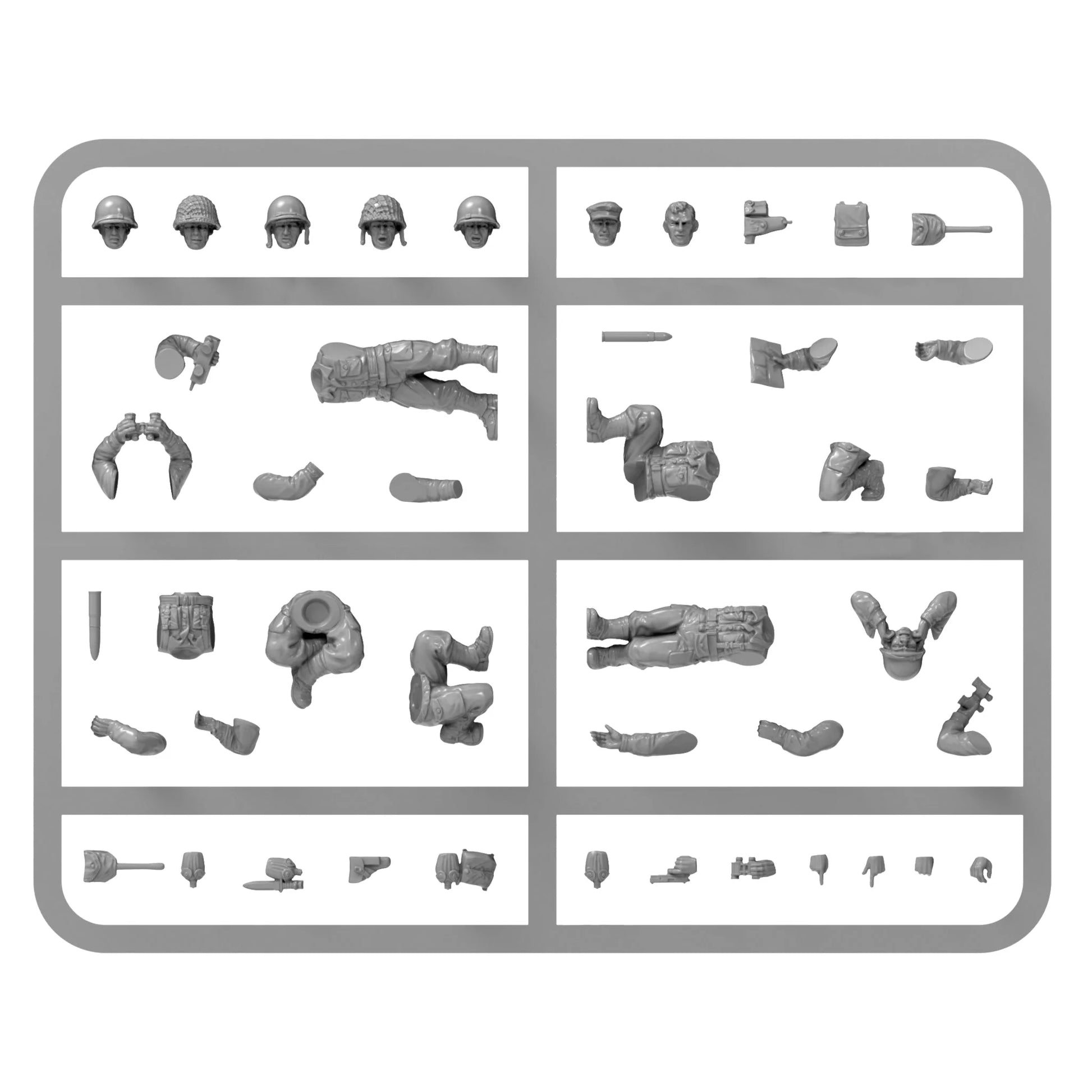 Warlord Games US 57mm Anti-Tank Gun (Plastic) – wypraska obsługi plastikowej 28mm: 5 głów w hełmach M1 (różne siatki maskujące) i bez nakrycia głowy, tułowie klęczące i stojące, nogi, ręce z lornetką, pistoletem i mapą, łuski, naboje i akcesoria do dekoracji podstawek Bolt Action 1/56