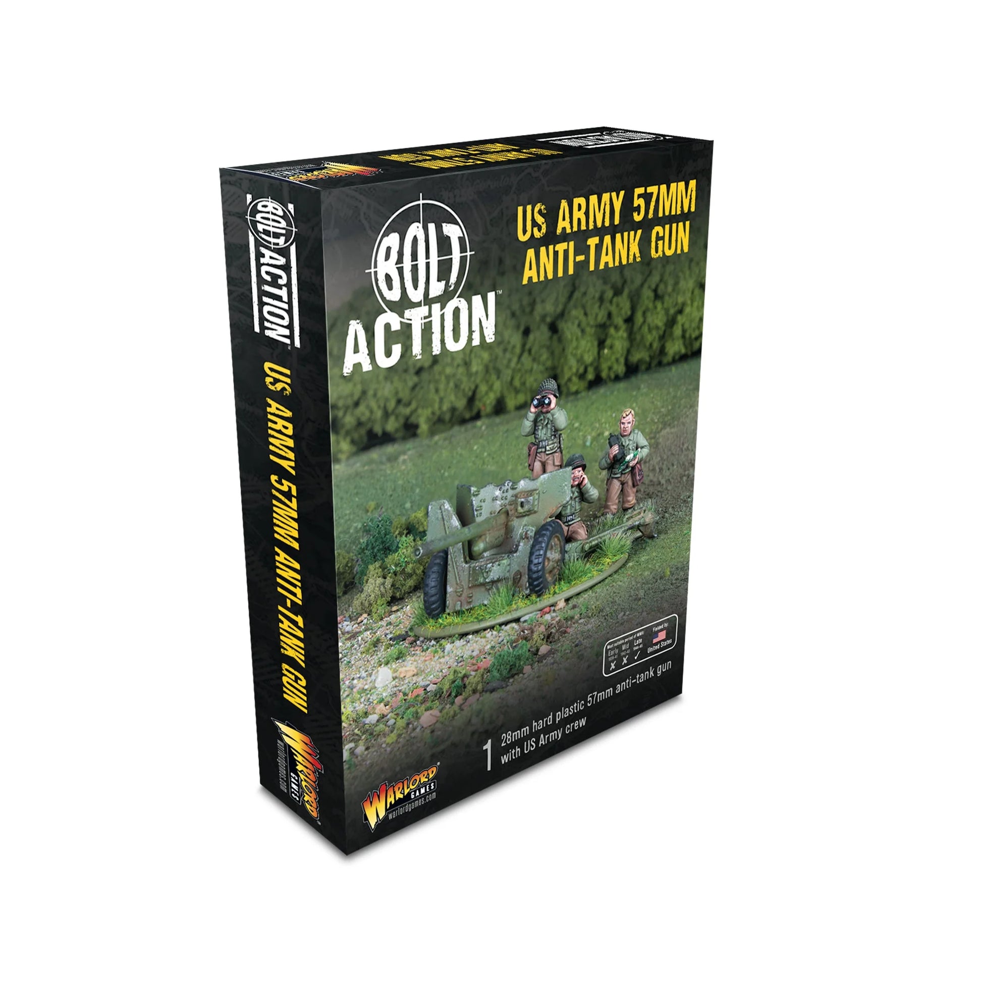 Warlord Games US 57mm Anti-Tank Gun (Plastic) – pudełko Bolt Action US Army 57mm Anti-Tank Gun: 1 hard plastic 28mm 57mm anti-tank gun with US Army crew, logo Bolt Action i Warlord Games, flaga USA