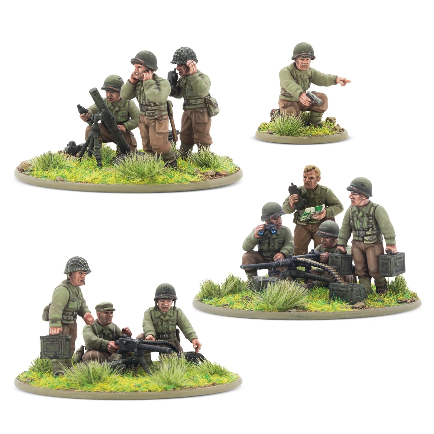 Warlord Games US Army Heavy Weapons Platoon (Plastic) – widok z przodu: zespół moździerza M1 81mm (3 figurki obsługi na podstawce 60mm), dowódca klęczący z pistoletem i gestem rozkazu (podstawka 25mm), zespół MMG .30 cal M1919 (3 figurki obsługi na podstawce 60mm) i zespół HMG .50 cal M2 (3 figurki obsługi na podstawce 60mm), 28mm Bolt Action
