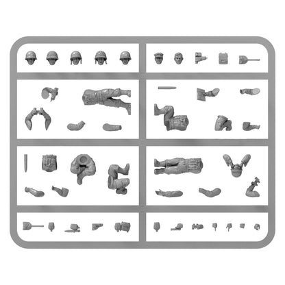 Warlord Games US Army Heavy Weapons Platoon (Plastic) – wypraska obsługi plastikowej 28mm: głowy w hełmach M1 (różne siatki maskujące) i bez nakrycia głowy, tułowie klęczące i stojące, nogi, ręce z lornetką, pistoletem, mapą i bombą moździerzową, akcesoria do dekoracji podstawek Bolt Action 1/56
