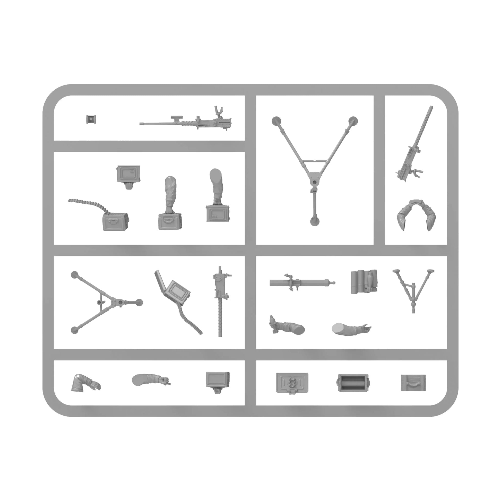 Warlord Games US Army Heavy Weapons Platoon (Plastic) – wypraska broni ciężkiej plastikowej 28mm: lufa i trójnóg MMG .30 cal M1919, lufa HMG .50 cal M2 Heavy Barrel i AN/M2 z dwiema tarczami i dwiema podstawami trójnogowymi, moździerz M1 81mm z dwunógiem i płytą podstawy, amunicja i skrzynki Bolt Action 1/56