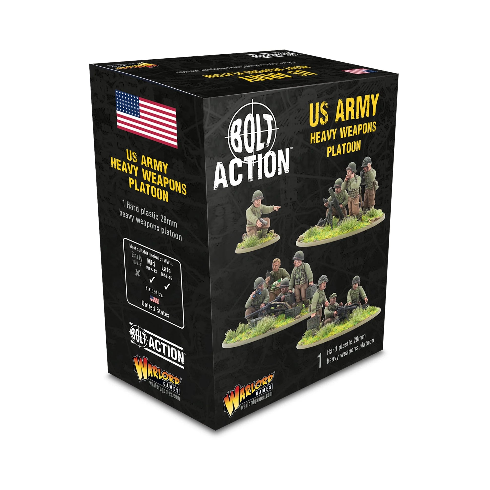 Warlord Games US Army Heavy Weapons Platoon (Plastic) – pudełko Bolt Action US Army Heavy Weapons Platoon: 1 hard plastic 28mm heavy weapons platoon, flaga USA, logo Bolt Action i Warlord Games, okres Mid 1942-43 i Late 1944-45, United States