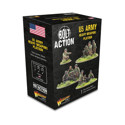 Warlord Games US Army Heavy Weapons Platoon (Plastic) – pudełko Bolt Action US Army Heavy Weapons Platoon: 1 hard plastic 28mm heavy weapons platoon, flaga USA, logo Bolt Action i Warlord Games, okres Mid 1942-43 i Late 1944-45, United States