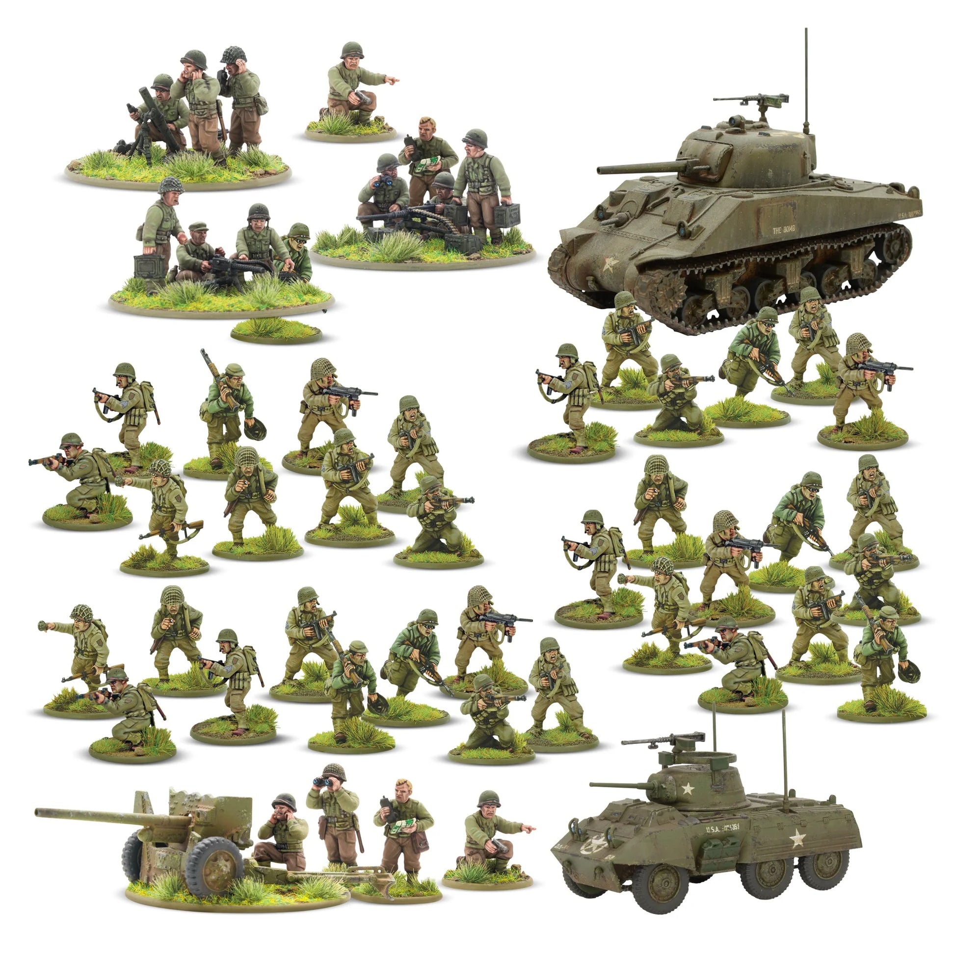 Warlord Games Stars and Stripes US Starter Army – armata 57mm M1 z celowniczym w hełmie M1 klęczącym przy mechanizmie celowniczym na podstawce 60mm, obserwator stojący z lornetką (podstawka 25mm), oficer z mapą i pistoletem (podstawka 25mm) i dowódca klęczący z gestem rozkazu (podstawka 25mm), 28mm Bolt Action
