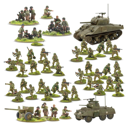 Warlord Games Stars and Stripes US Starter Army – armata 57mm M1 z celowniczym w hełmie M1 klęczącym przy mechanizmie celowniczym na podstawce 60mm, obserwator stojący z lornetką (podstawka 25mm), oficer z mapą i pistoletem (podstawka 25mm) i dowódca klęczący z gestem rozkazu (podstawka 25mm), 28mm Bolt Action