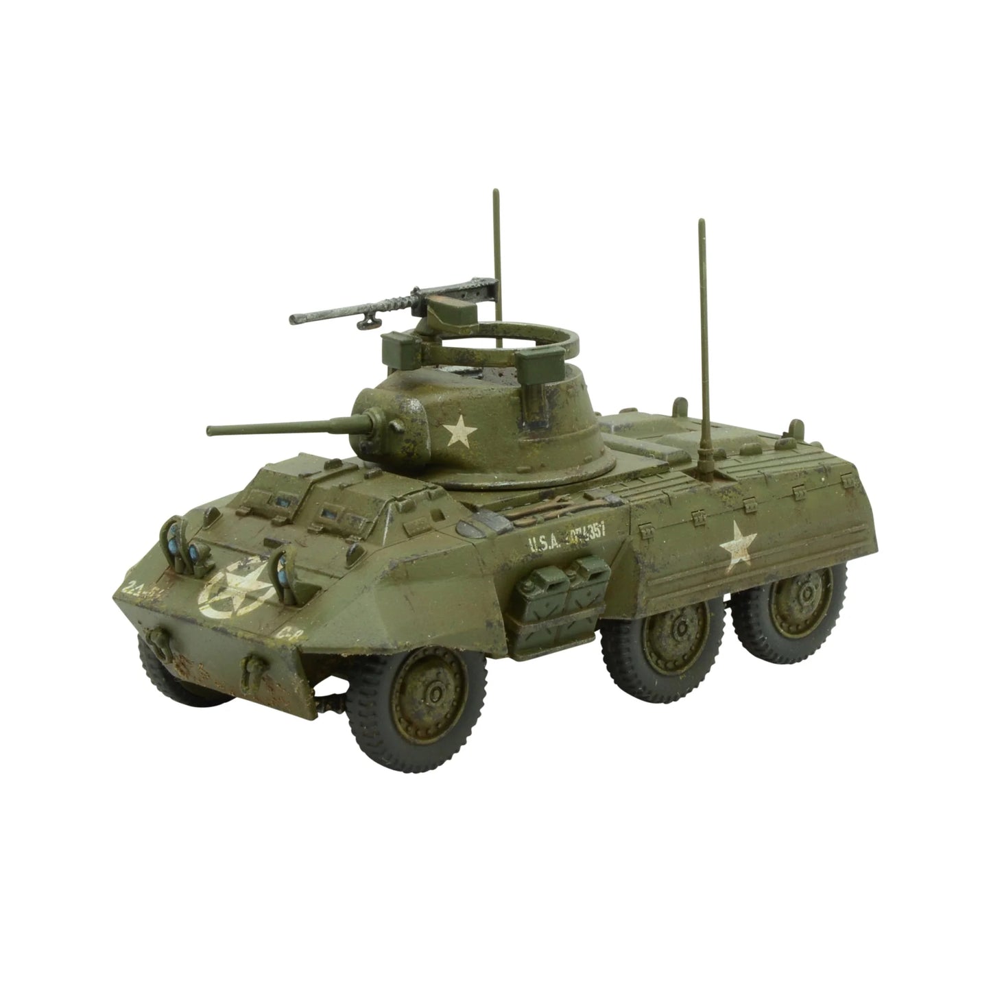 Warlord Games Stars and Stripes US Starter Army – wypraska plastikowa piechoty US Army późnej fazy wojny: głowy w hełmach M1 (różne siatki maskujące) i bez nakrycia głowy, tułowie, nogi, ręce z karabinami M1 Garand, karabinkami M1, Thompsons, BAR, bazooka, granaty i akcesoria 28mm Bolt Action