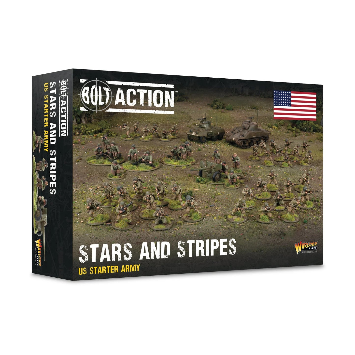 Warlord Games Stars and Stripes US Starter Army – pudełko Bolt Action Stars and Stripes US Starter Army: 1 hard plastic 28mm US Army starter army, flaga USA, logo Bolt Action i Warlord Games, Bolt Action Third Edition