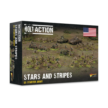Warlord Games Stars and Stripes US Starter Army – pudełko Bolt Action Stars and Stripes US Starter Army: 1 hard plastic 28mm US Army starter army, flaga USA, logo Bolt Action i Warlord Games, Bolt Action Third Edition