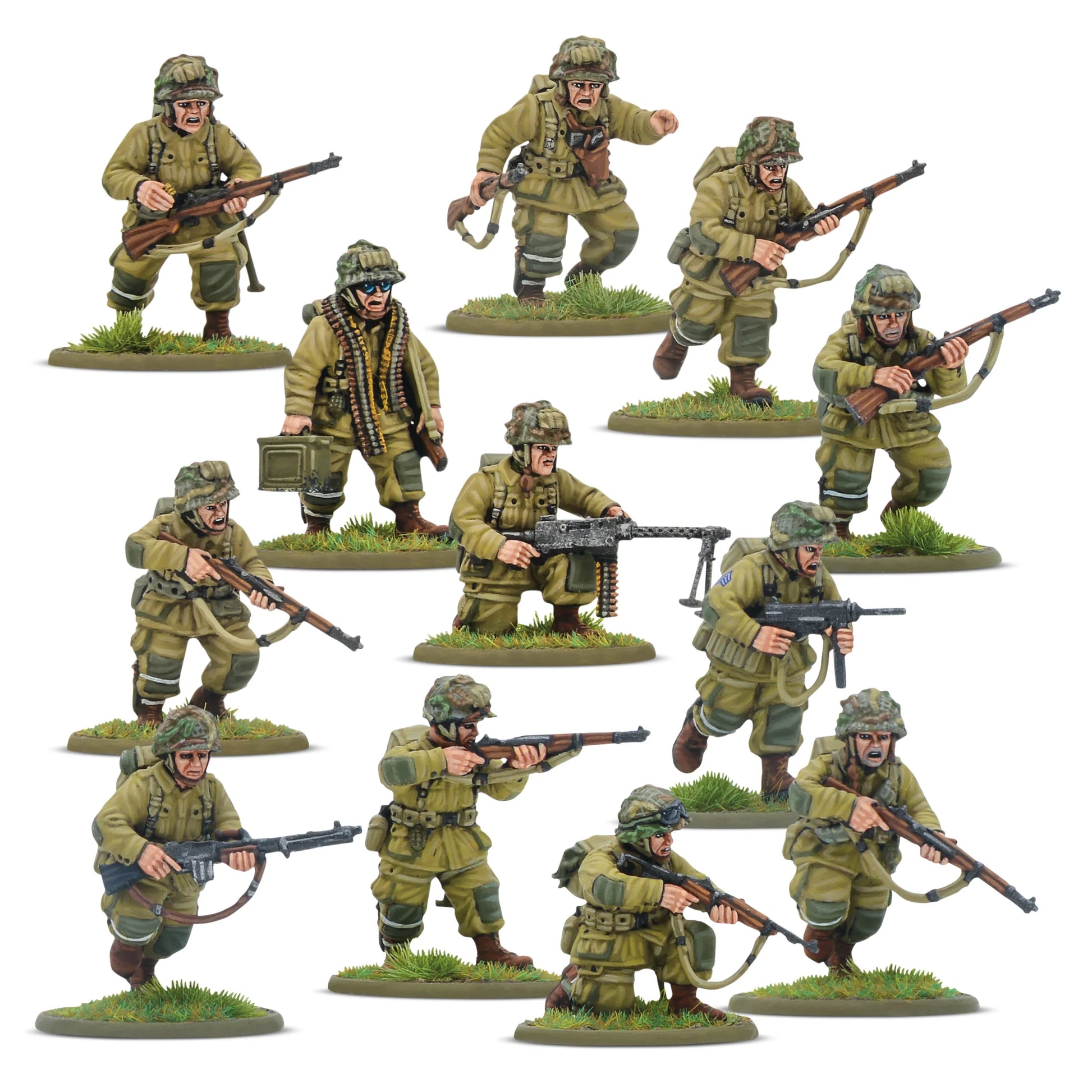 Warlord Games US Airborne D-Day Platoon – 12 pomalowanych figurek amerykańskich spadochroniarzy widok z przodu, Bolt Action
