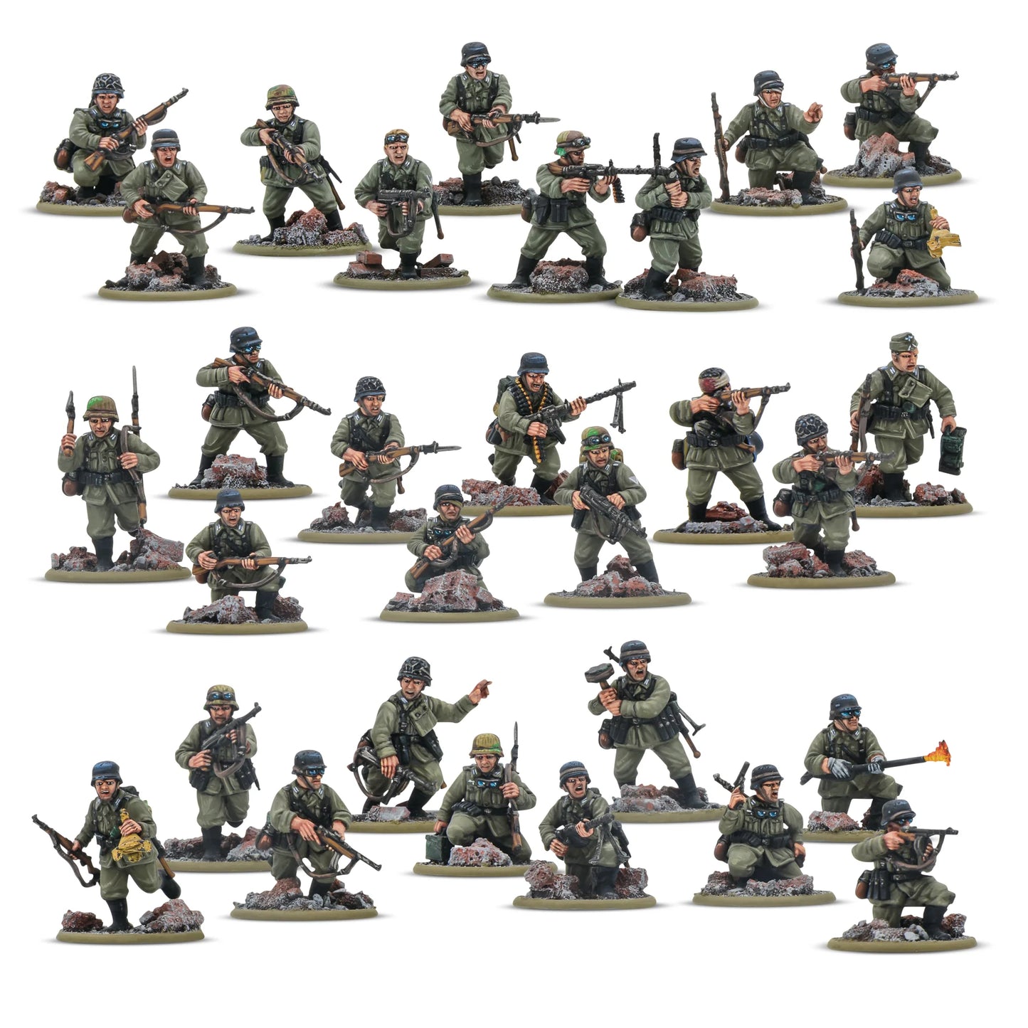 German Veteran Infantry Platoon - Bolt Action 28mm - 30 figurek piechoty Wehrmacht z MP40 MG34 Kar98 - widok z przodu - Warlord Games
